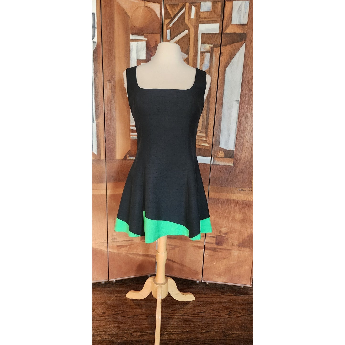 Vintage 90s Designer Summer Dress Raw Silk Black Green Victoria March Chicago