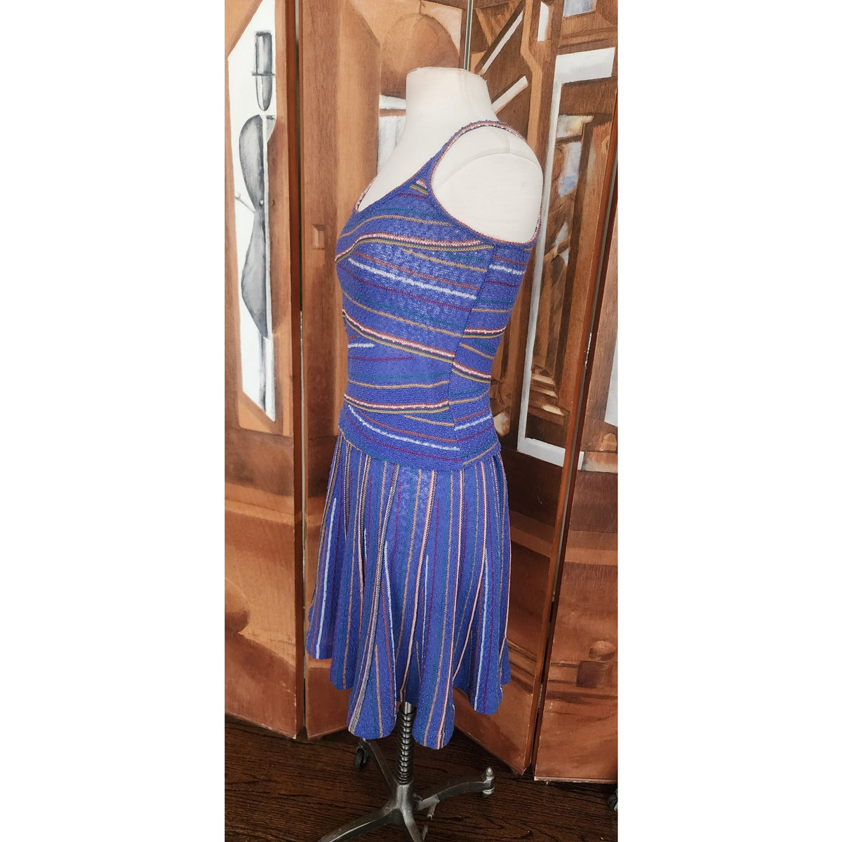 Vintage 1980s Missoni Set Knit Camisole Top Pleated Skirt Blue Stripe I Magnin