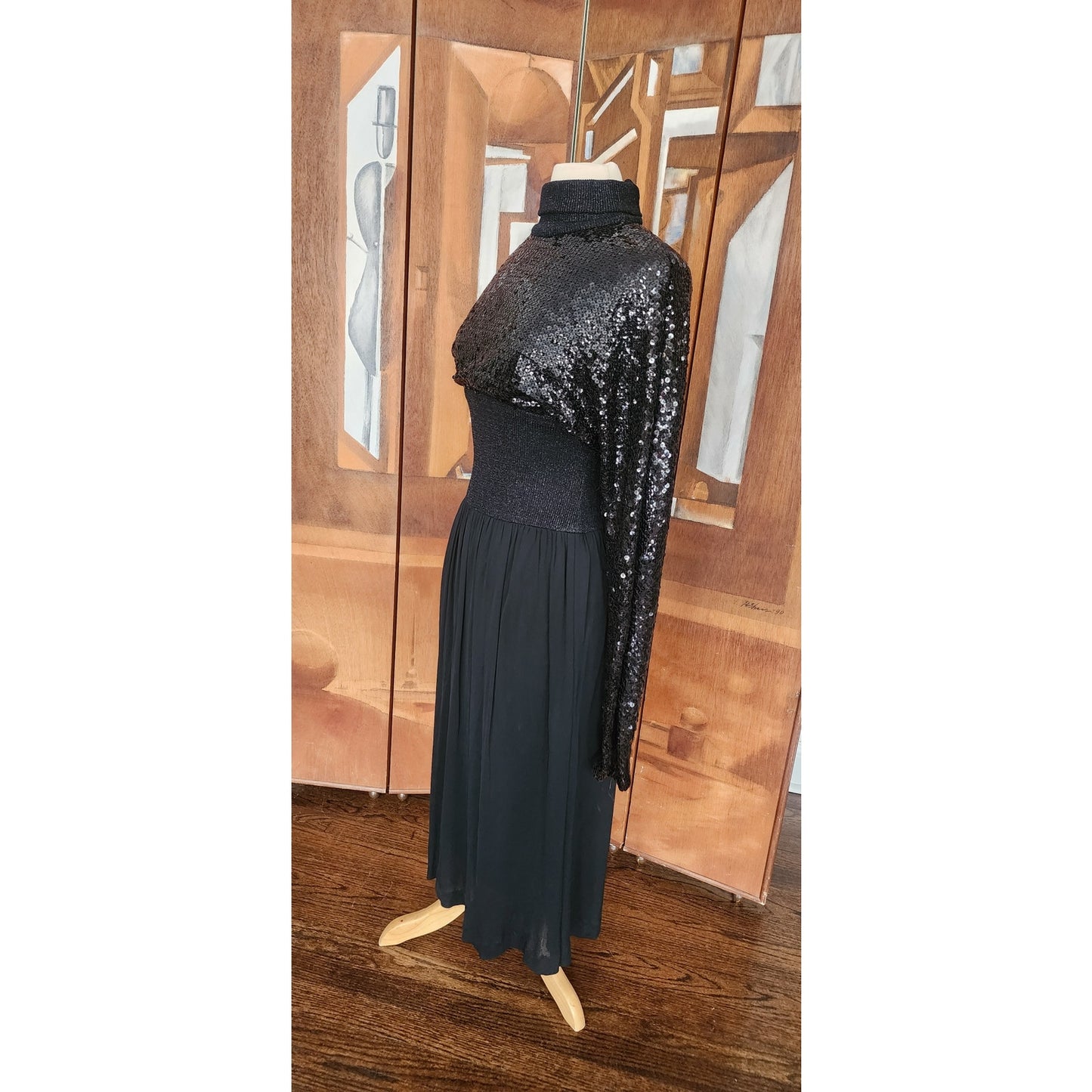 Vintage 1970s Black Maxi Dress Silk Knit Sequined Lurex Pat Sandler Dress Long Sleeve S
