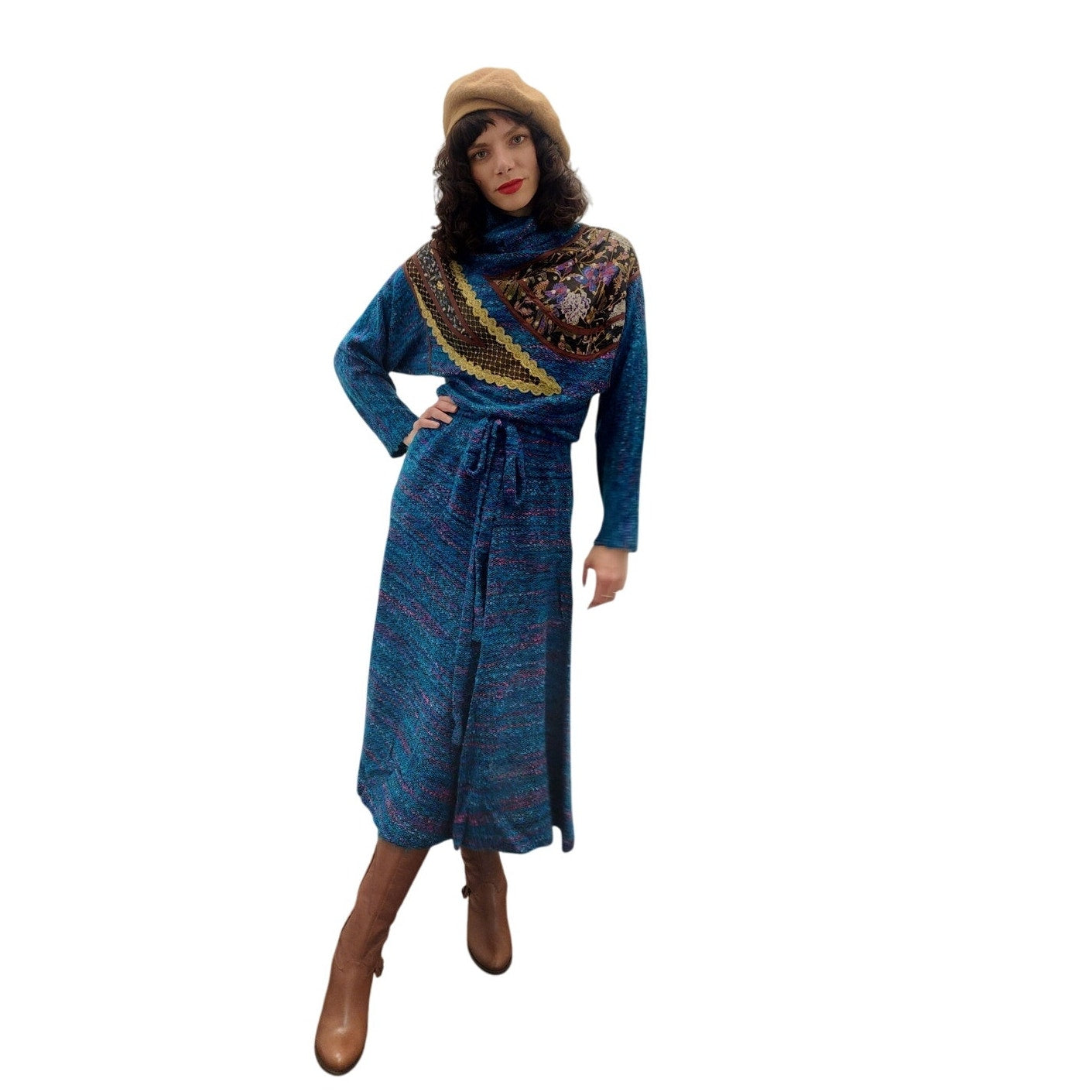 Vintage 1980s KOOS VAN DER AKKER Dress Blue Green Knit Floral Applique Gold Trim