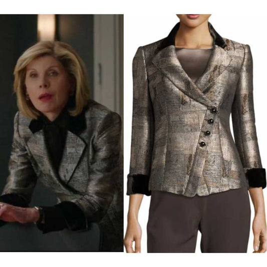 Armani Collezioni Blazer Silver Black Jacket Jacquard Print Asymmetrical Buttons Large