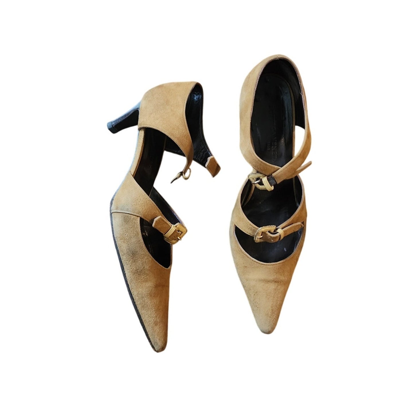 Vintage Bottega Veneta Shoes Mustard Yellow Suede Heels Dual Strap Buckle D'Orsay Pumps 7.5