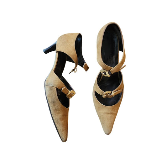 Vintage Bottega Veneta Shoes Mustard Yellow Suede Heels Dual Strap Buckle D'Orsay Pumps 7.5