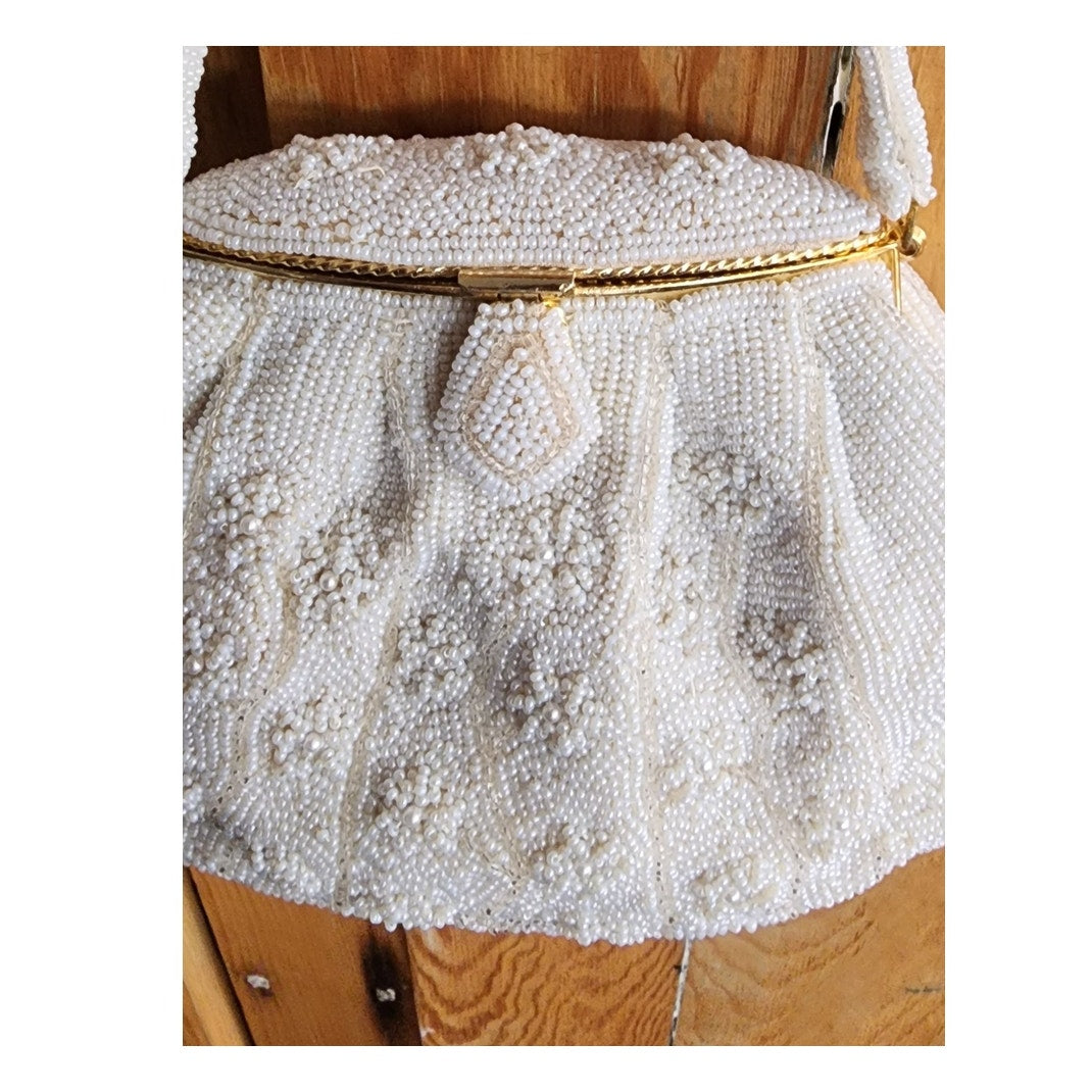 Vintage 50s Evening Bag White Beads Walborg