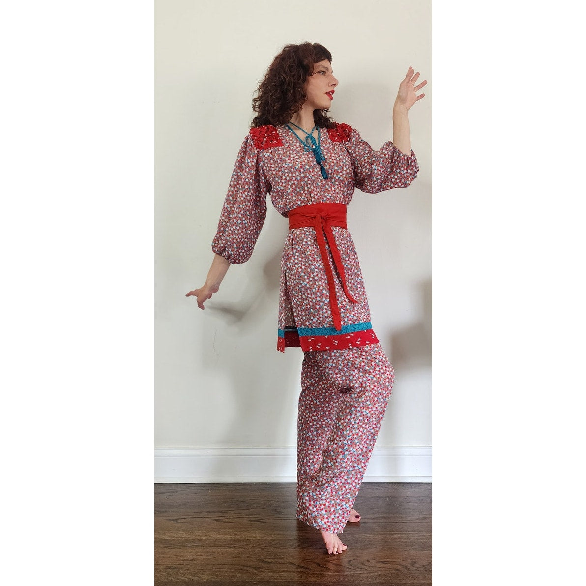 Vintage 1980s Lachine Tunic + Pants Set Polyester Georgette Red Graphic Print / Medium