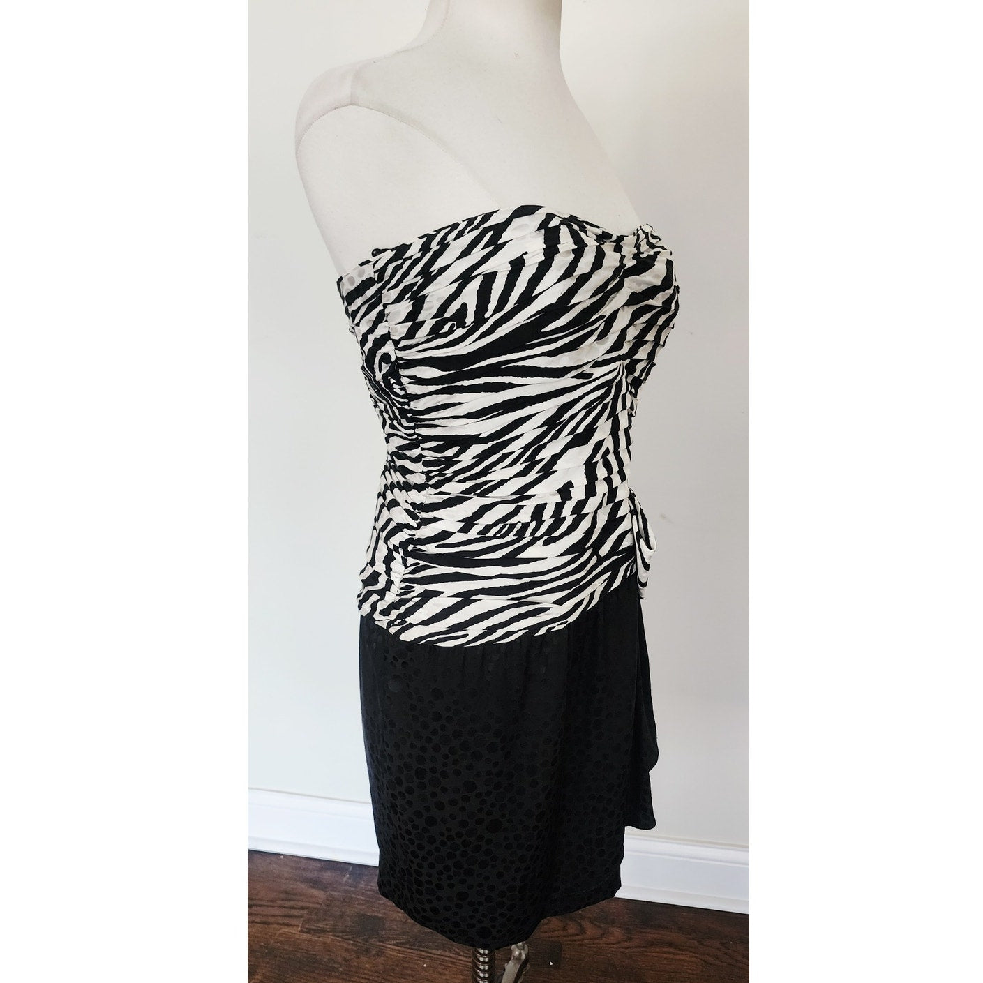 Vintage 1980s AJ Bari Strapless Dress + Bolero Jacket Suit Set Zebra Print Black White Silk / M