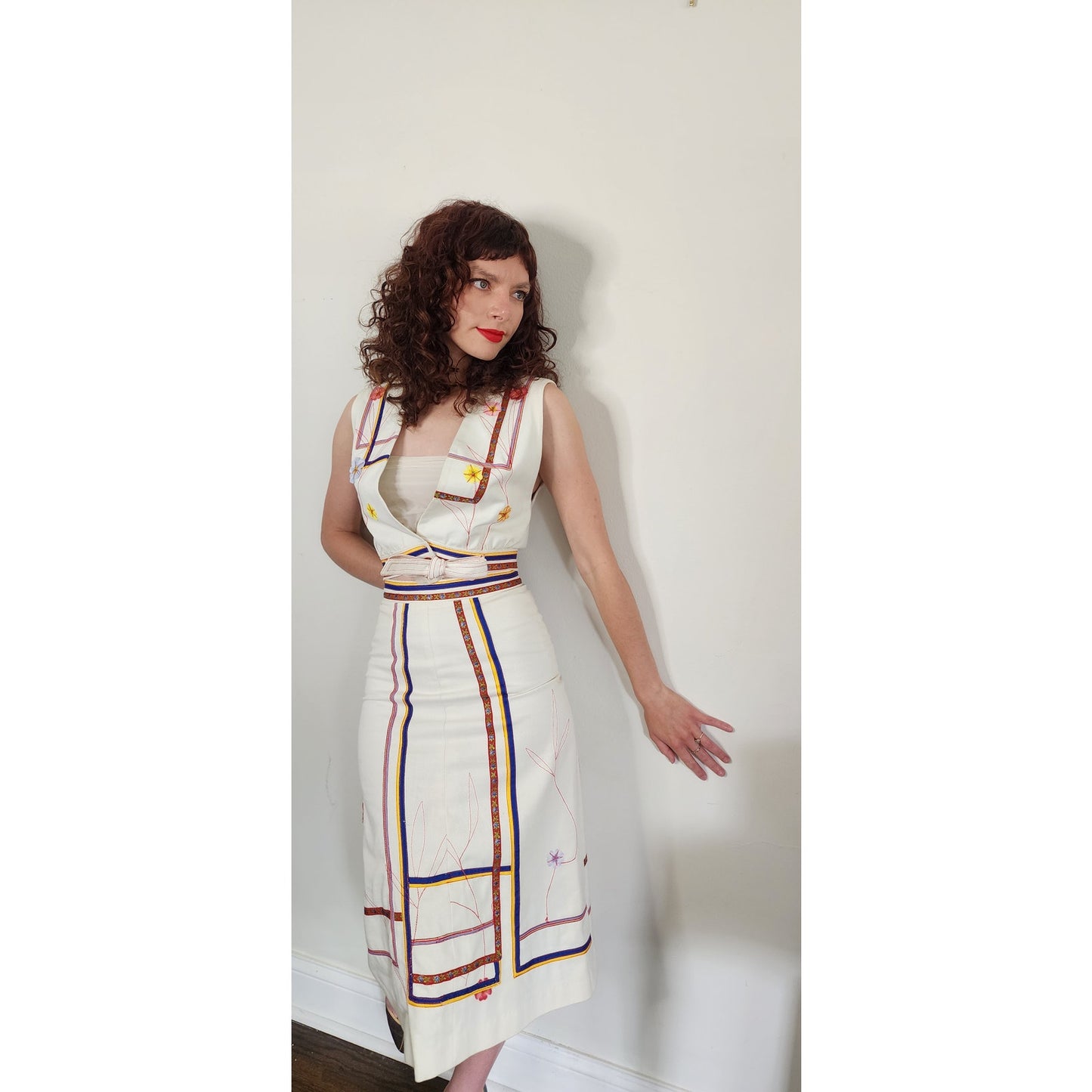 Vintage 1970s Marshall Rouso Skirt + Vest Set in Embroidered Denim / XS