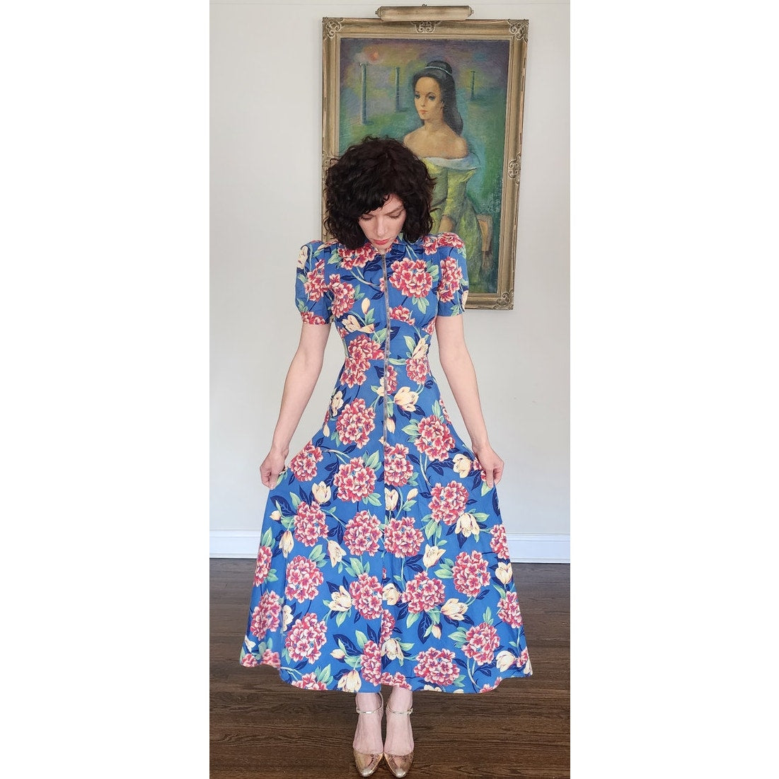 Vintage 30s Blue Floral House Dress Maxi Lounger Puff Sleeve Zip Front XS
