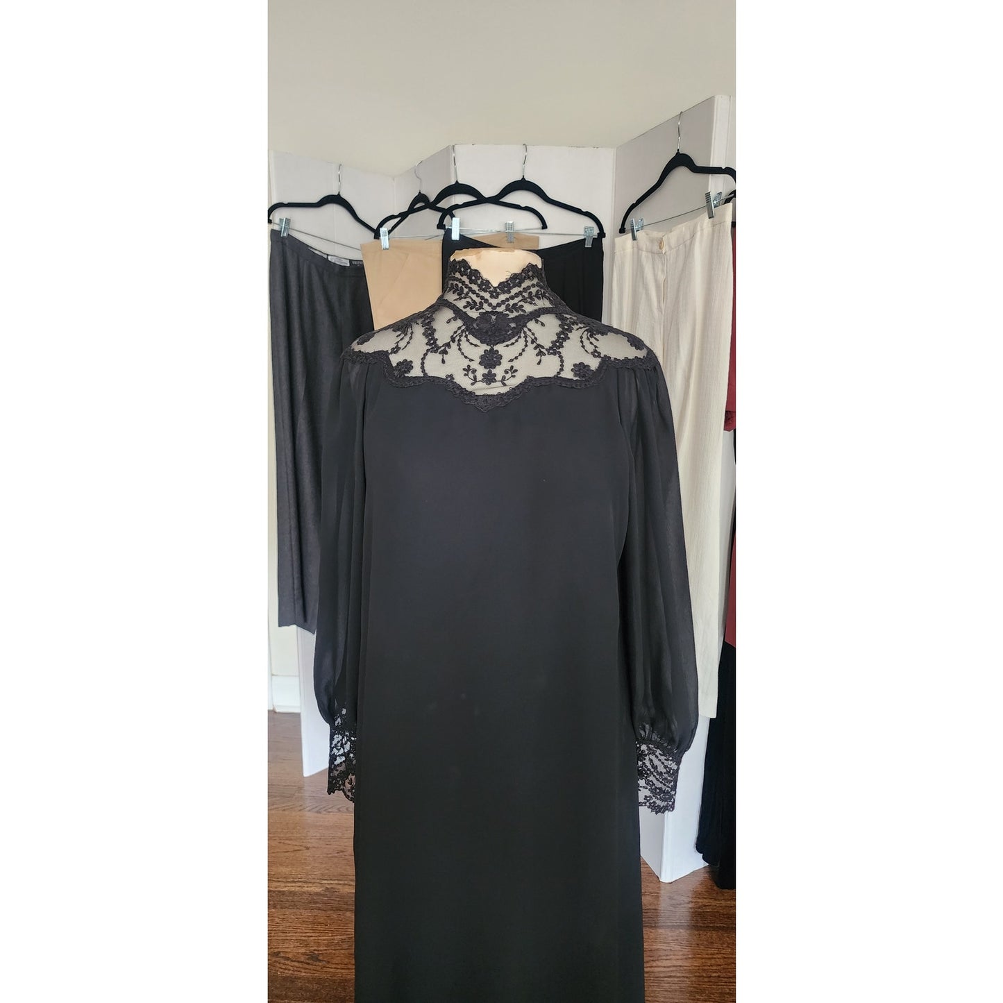 Vintage 1970s Giorgio Sant'Angelo Dress Black Silk Georgette & Lace