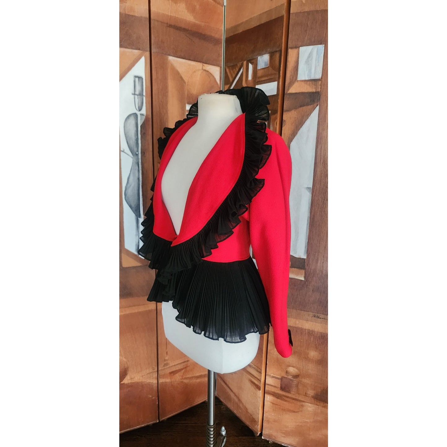 Vintage 1980s Jean Muir Jacket Red Black Ruffle Trim Evening Blazer