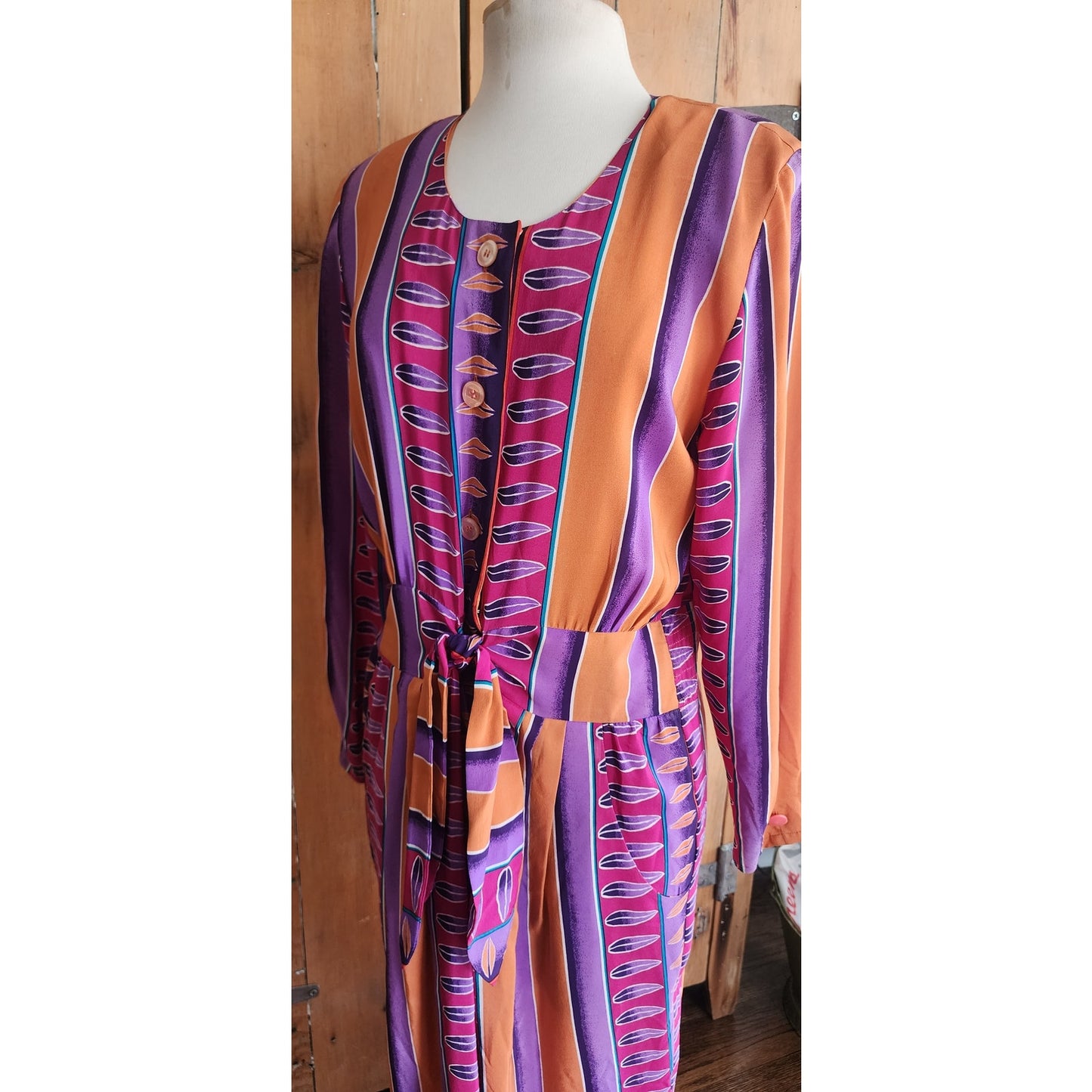Vintage 1980s Silkprint Dress Purple Orange Stripe Secretary Style Sady King