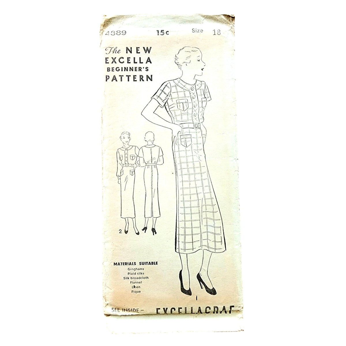 Vintage 1930s Sewing Pattern ORIGINAL Button Front Dress Excella Pattern 4889 Bust 36