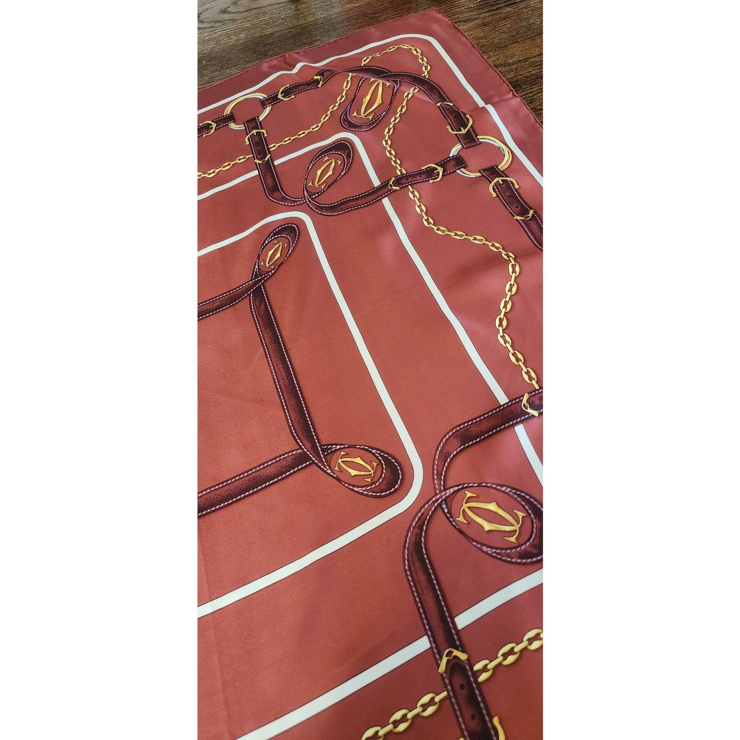 Vintage CARTIER Silk Scarf Brown & Gold Print Square
