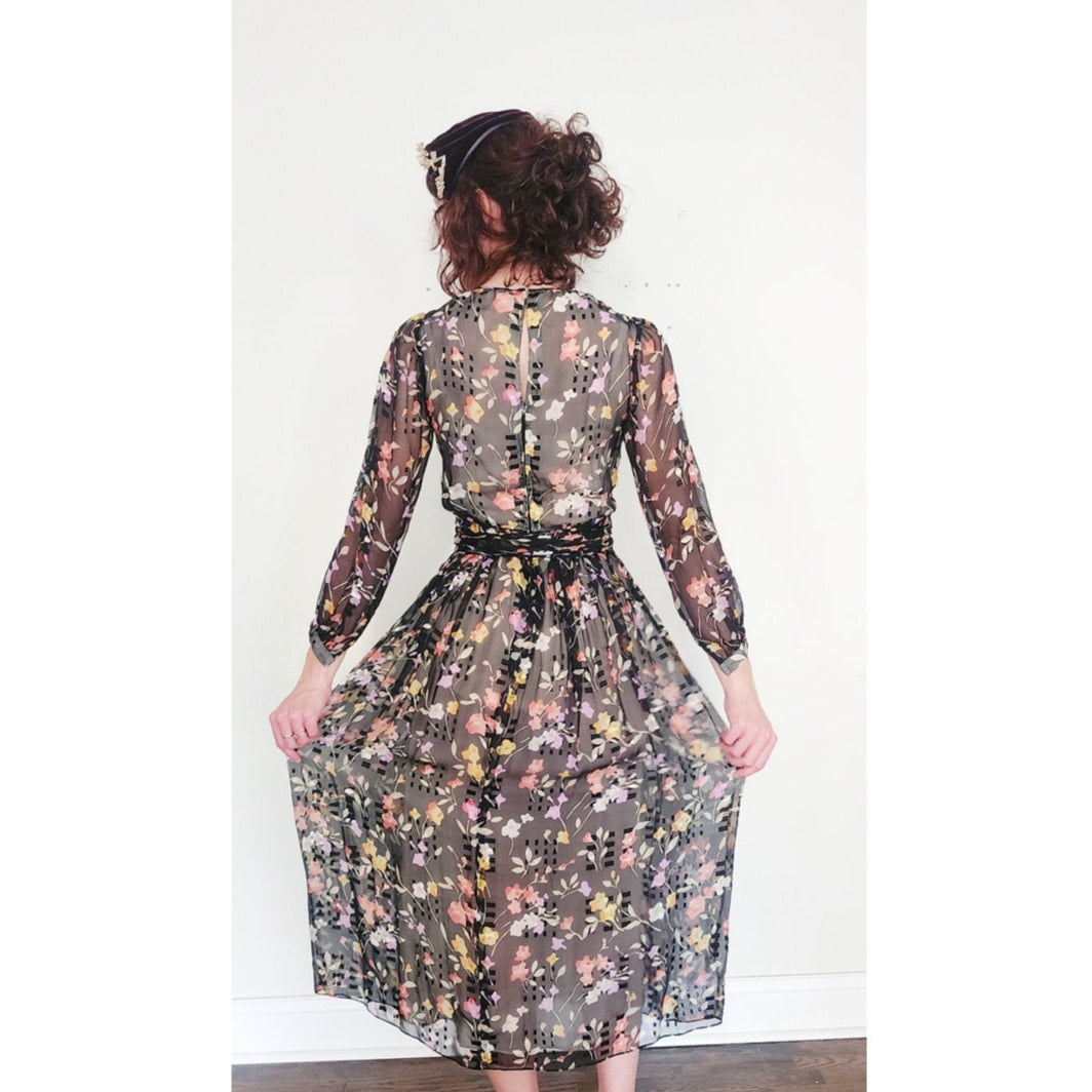 Vintage 1970s Dark Floral Print Dress Gauzy Maxi Sash Tie Belt