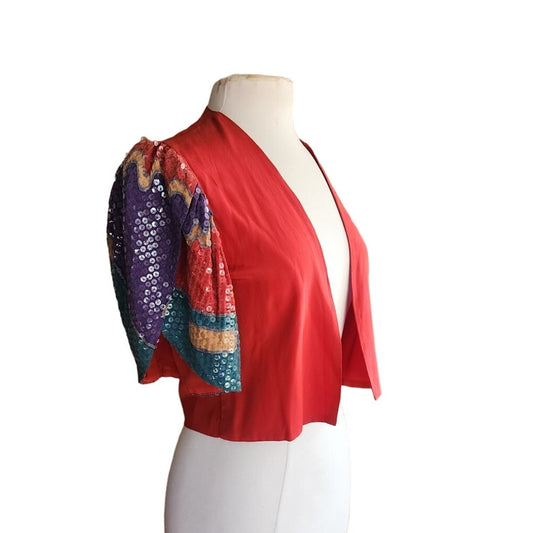 80s Cropped Jacket Red Silk + Sequined Sleees Sansappelle