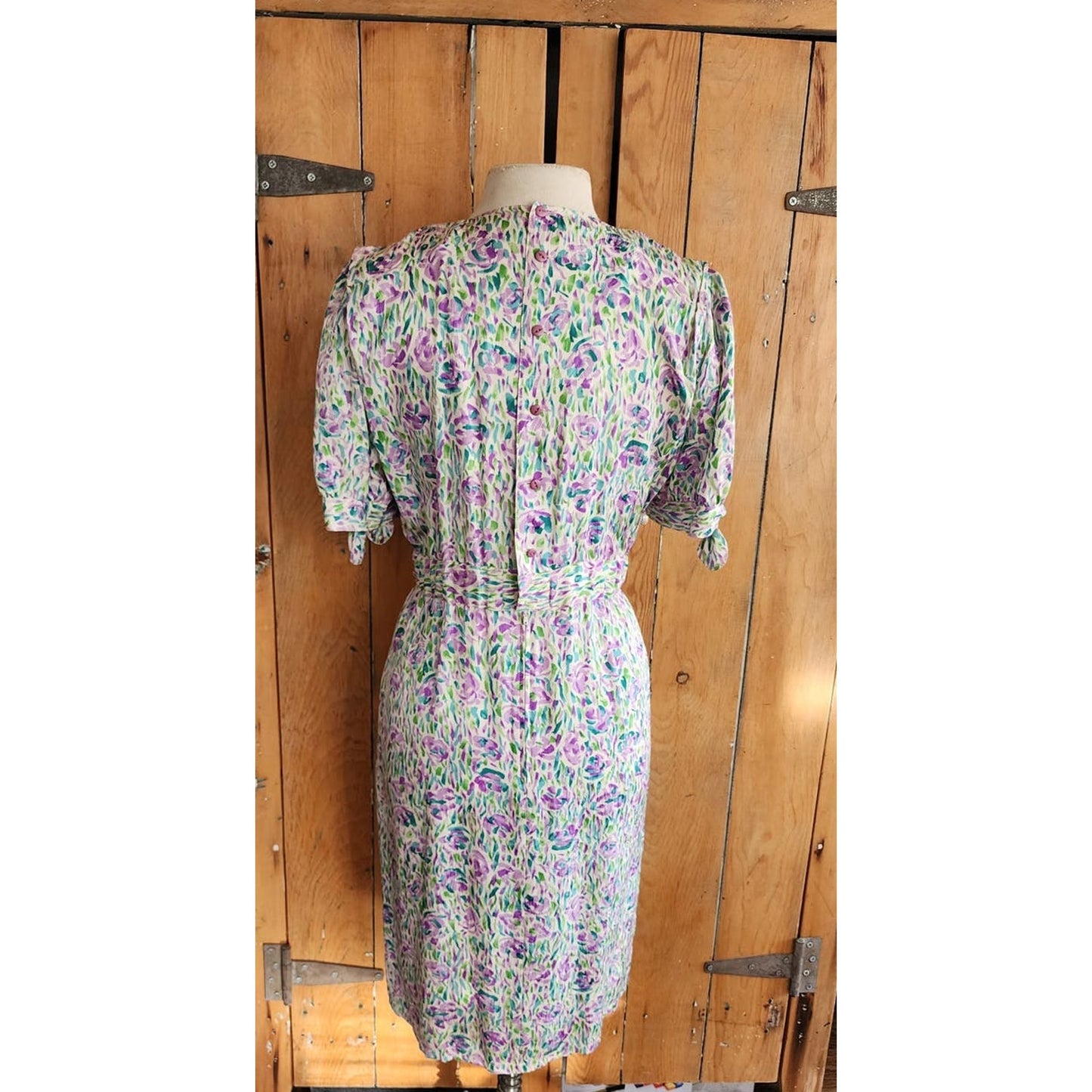 Vintage 80s Dress Floral Print Silk Norah Noh Monet Impressionist Pattern