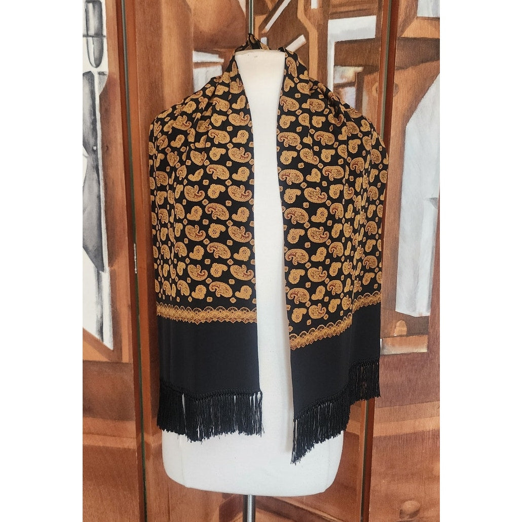 Vintage 1990s DKNY Scarf Black Gold Paisley Print Silk Oblong Fringe Donna Karan