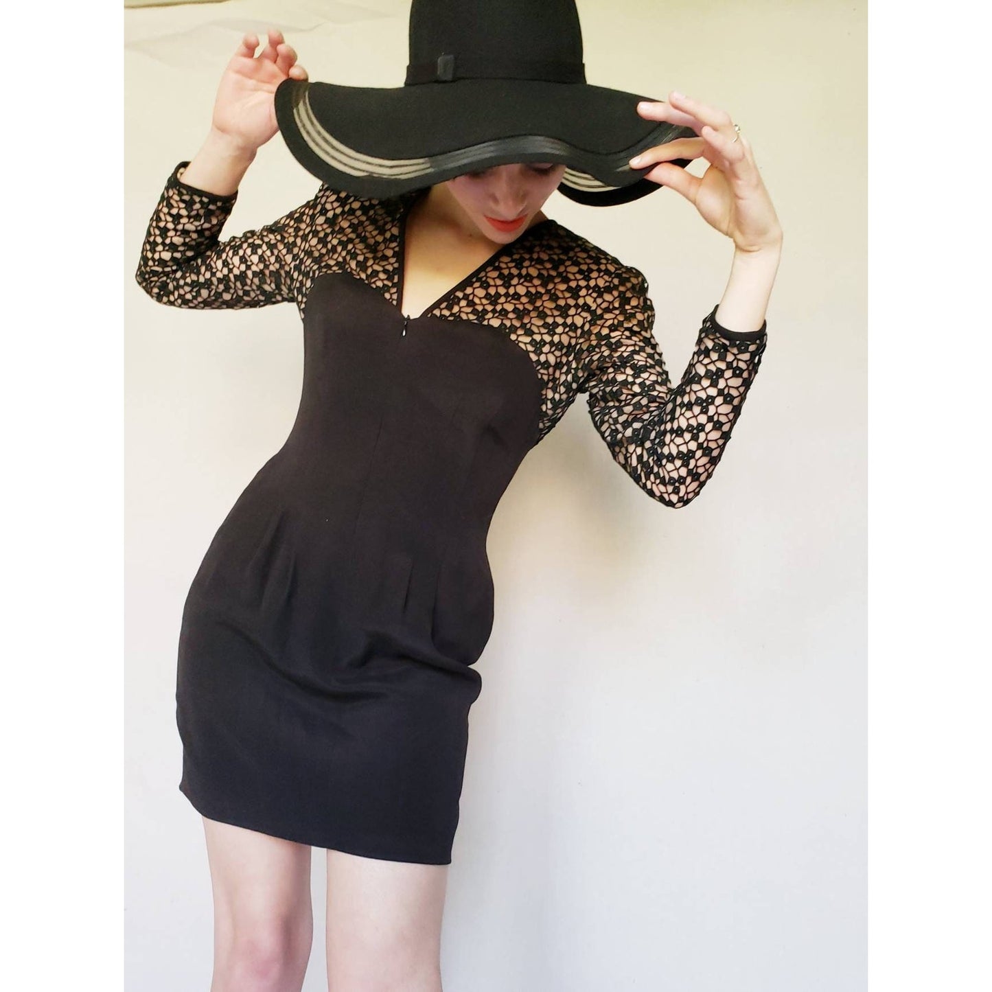 Vintage 1980s Black Party Dress Crochet Lace Nude Illusion Long Sleeved Kathryn Dianos Zip Front