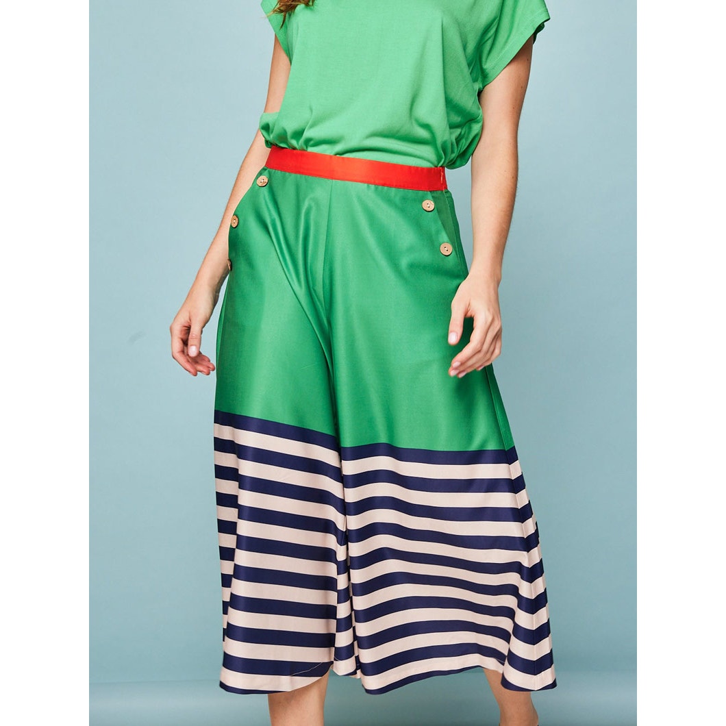 Retro Style Striped Culottes Green Navy Blue High Waisted Sailor Pants / M