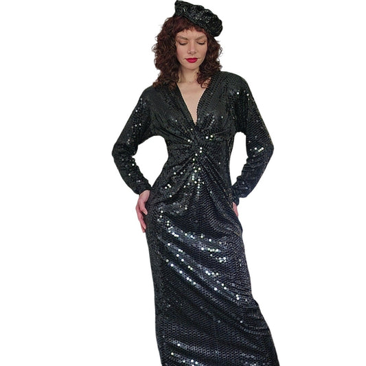 Vintage 80s Black Sequined Evening Dress Oleg Cassini / M
