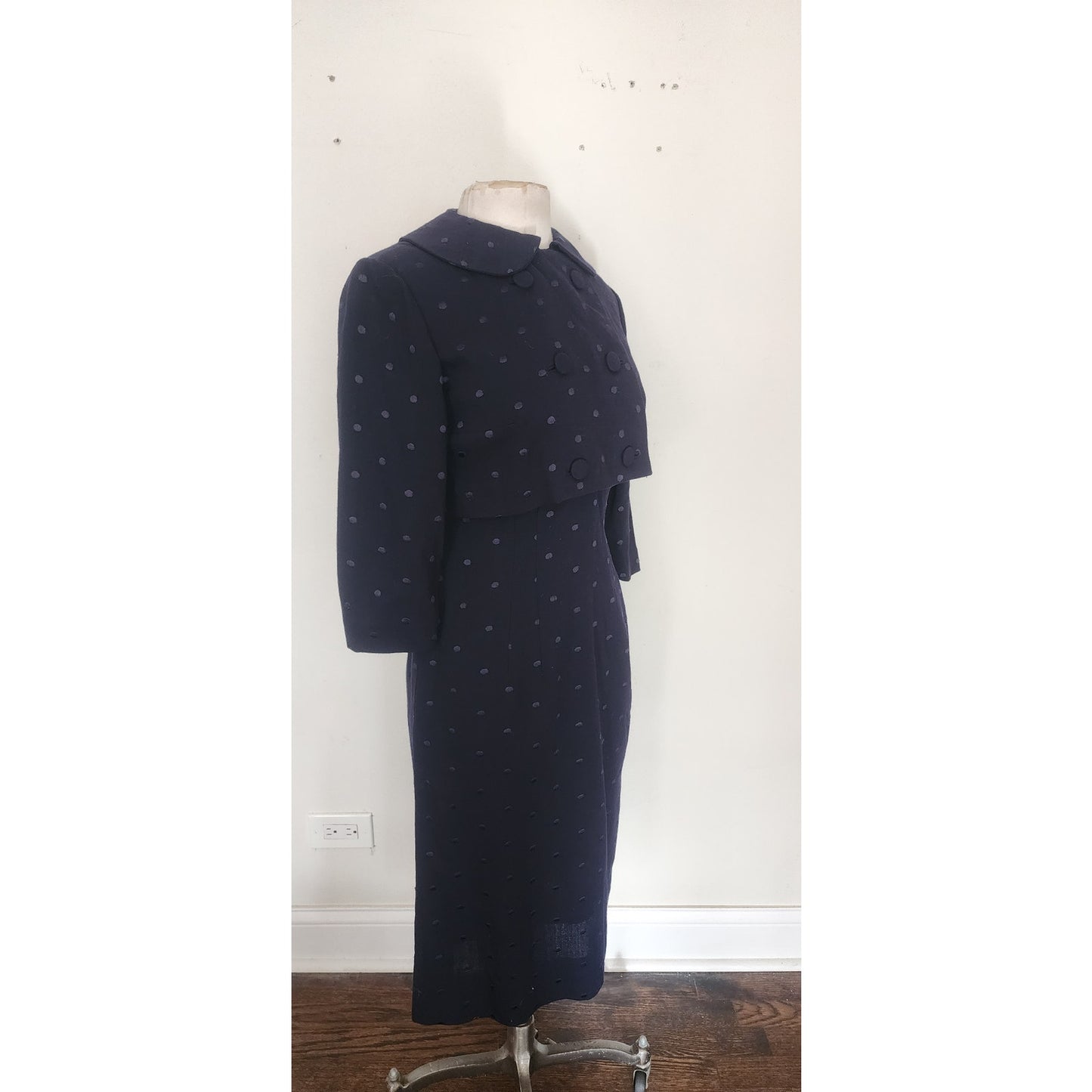 Vintage 1950s Dress + Jacket Suit Set Navy Blue Polkadot Wool Silk / M