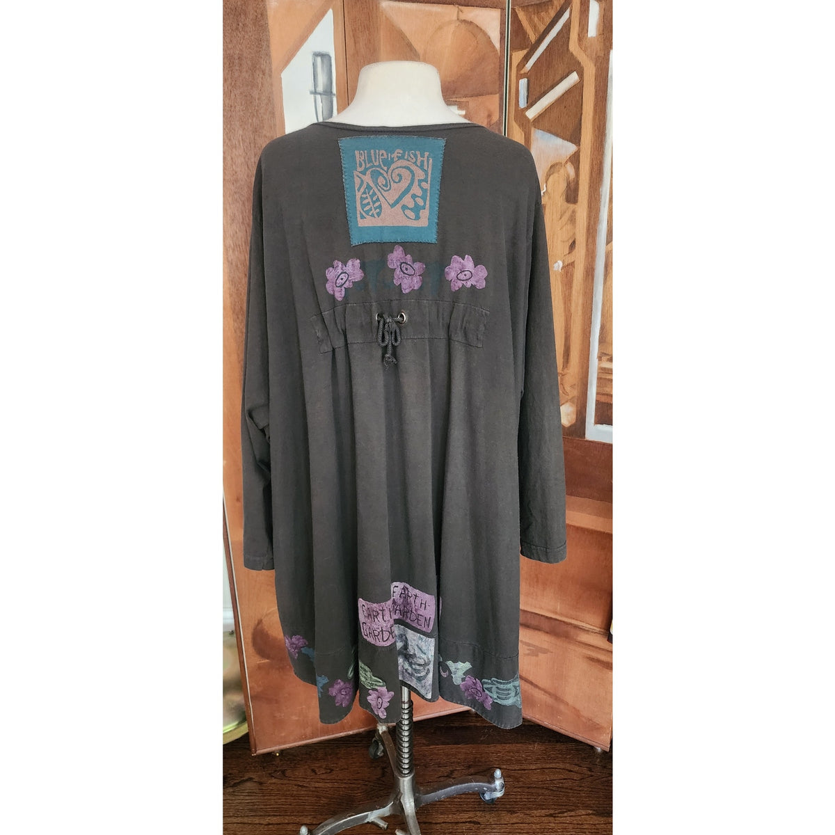Vintage 1990s Blue Fish Top Cardigan 1999 Earth Garden Gray Linen Patchwork Hand Painted V Neck