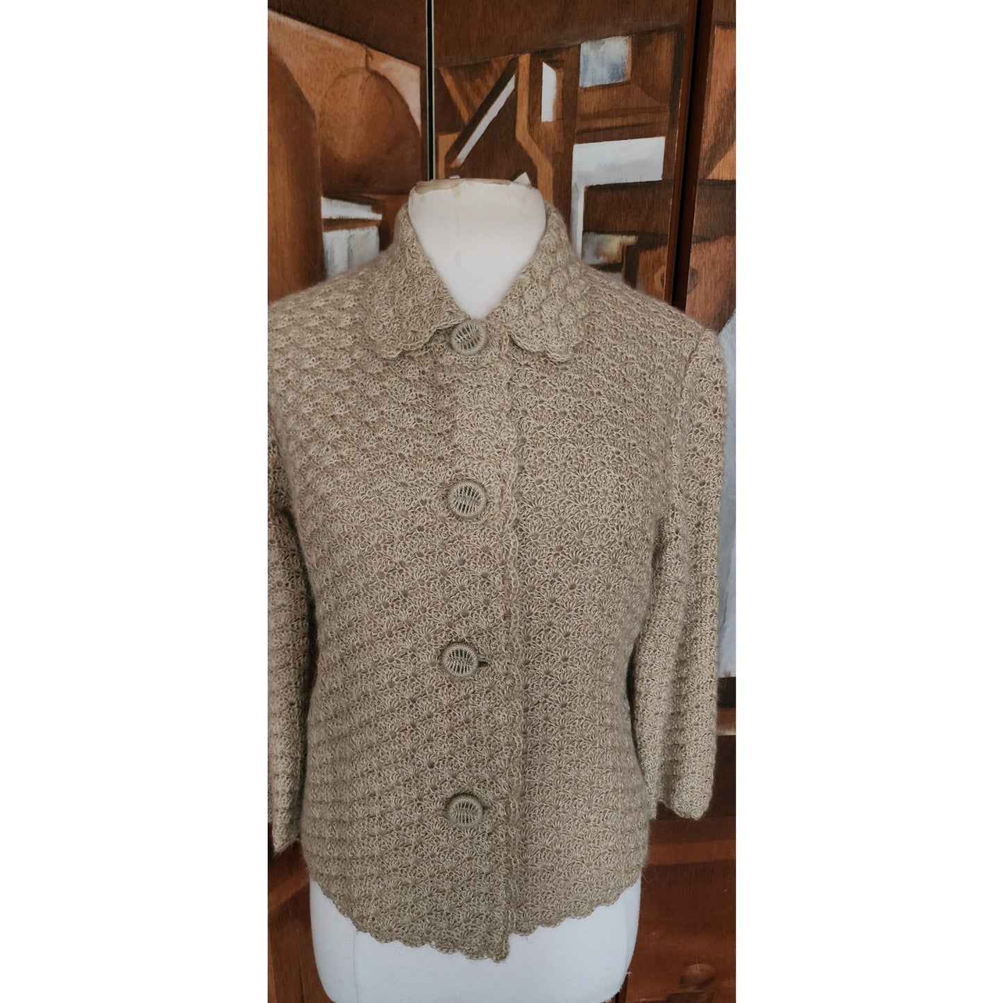 Vintage 60s Beige Knit Jacket Blazer Cardigan Stye / M