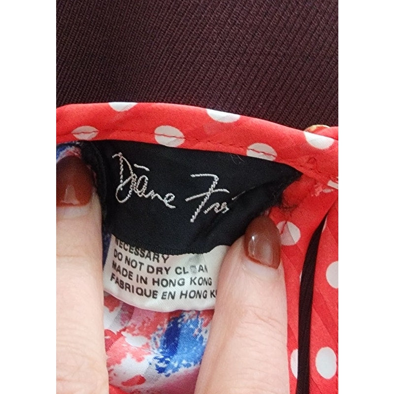 Vintage 80s Diane Freis Blouse Bold Print Poly Georgette Ruffles Pink Red