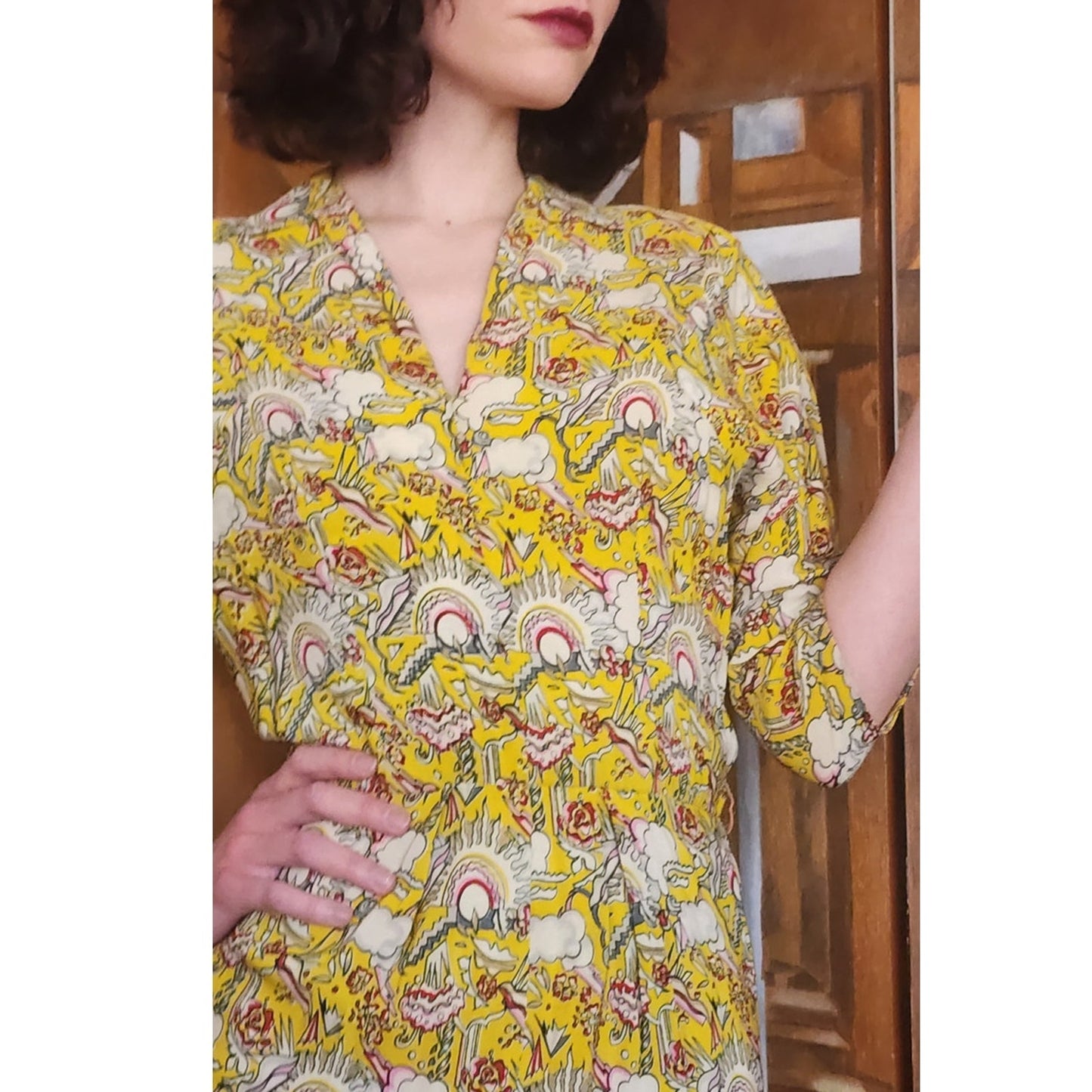 Vintage 1940s Yellow Rayon Novelty Print Midi Dress XS