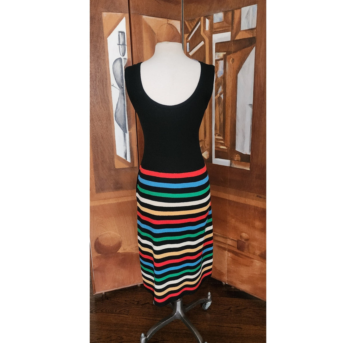 Vintage 1970s St John Dress Knit Rainbow Stripe Black Midi + Bolero Jacket