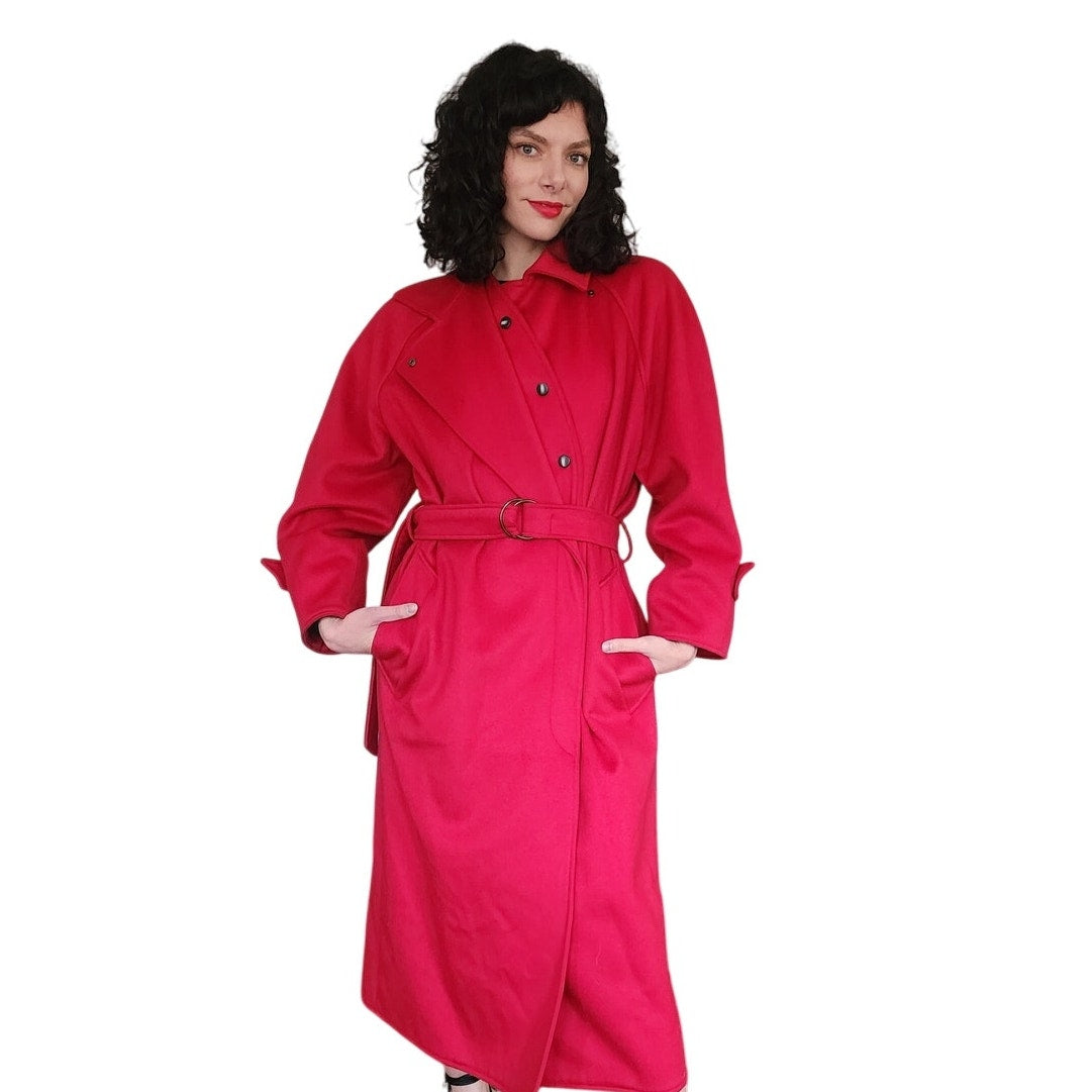 Vintage 1980s Red Wool Coat Long w/Belt Ramosport Paris