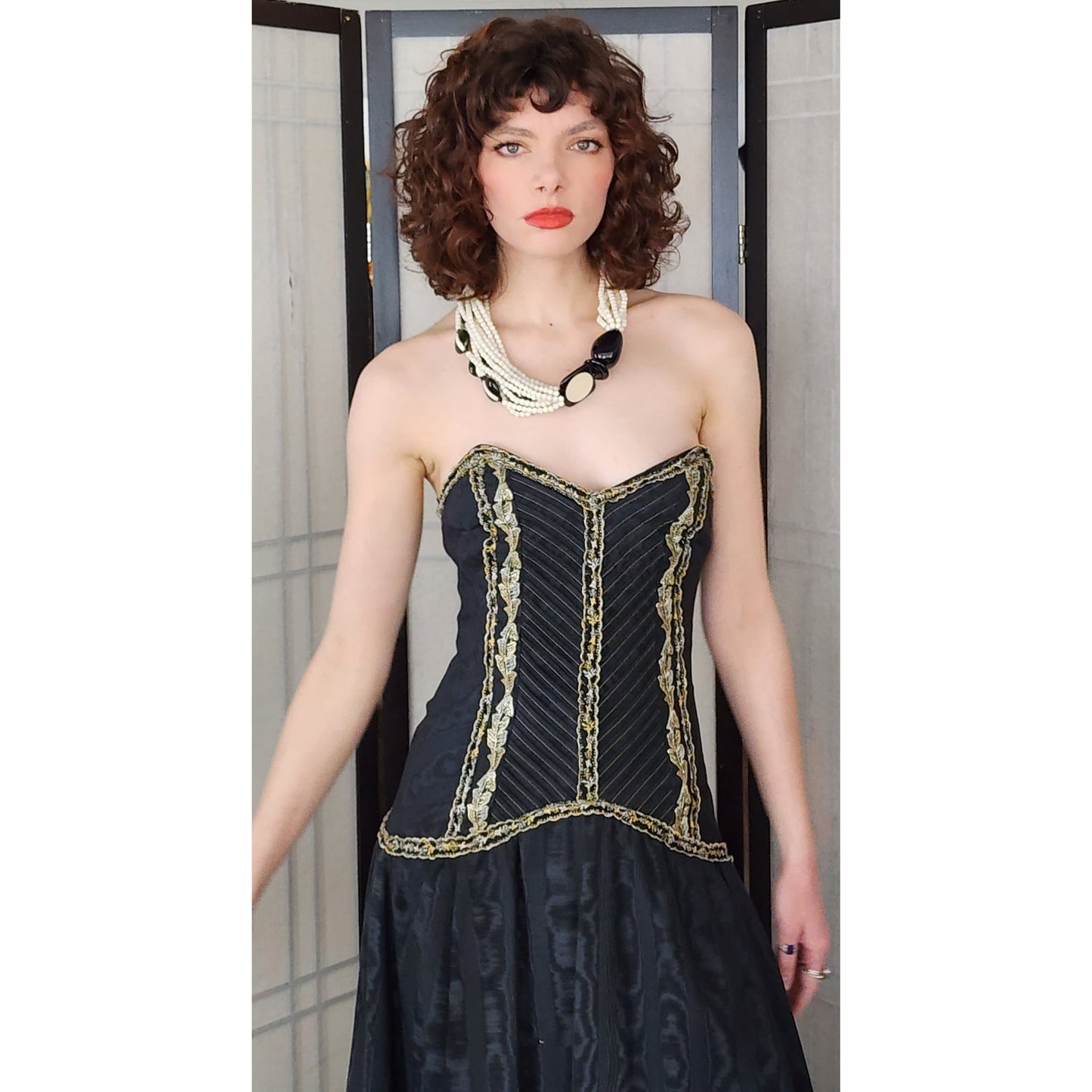 Vintage Strapless Evening Dress Black Gold Brocade Lace Trim