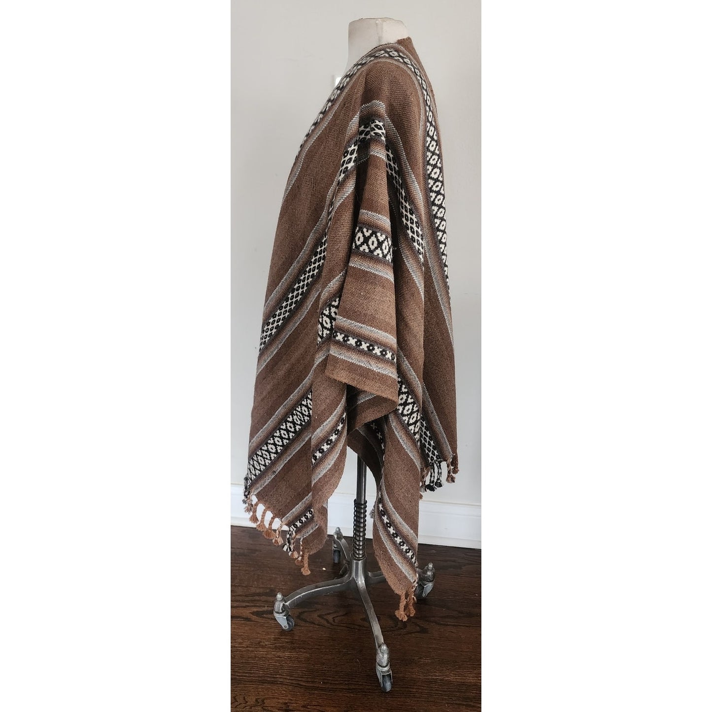 Vintage Fotrama Poncho Alpaca Wool Brown Cream Striped w/Fringe Handmade Ruana Bolivia