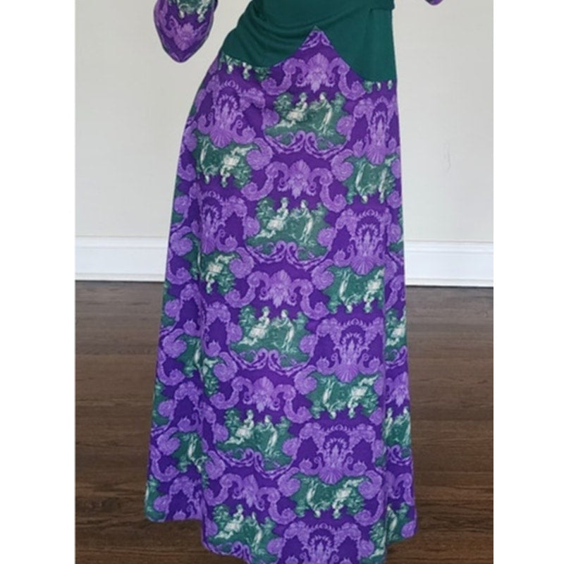 Vintage 70s Maxi Dress Purple & Green French Toile Print Baroque Rococo