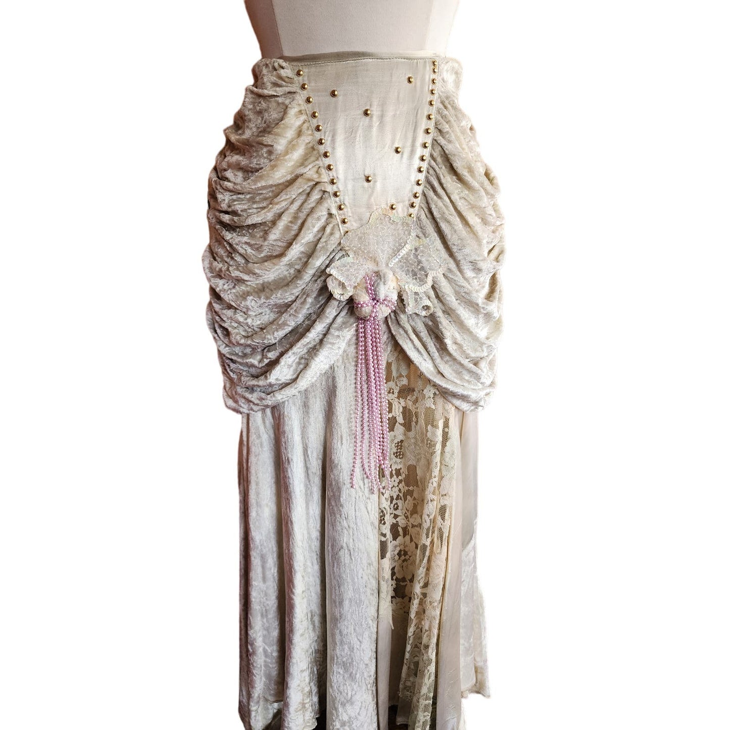 Vintage 80s Long Velvet Skirt Maick Harold, Asymmetrical w/Lace, Beads