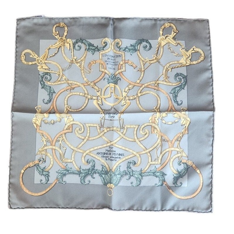 Vintage 90s Hermes Silk Scarf Equestrian Carre 90 Gray Gold l'Instruction du Roy