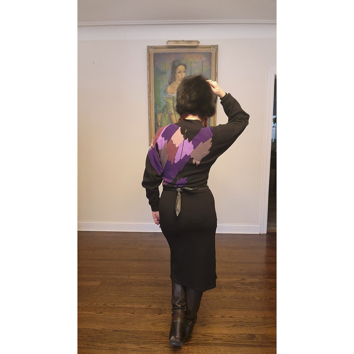 Vintage 1970s Sweater Dress by ADOLFO Saks Fifth Avenue Purple Pink Black Abstract Knit / M