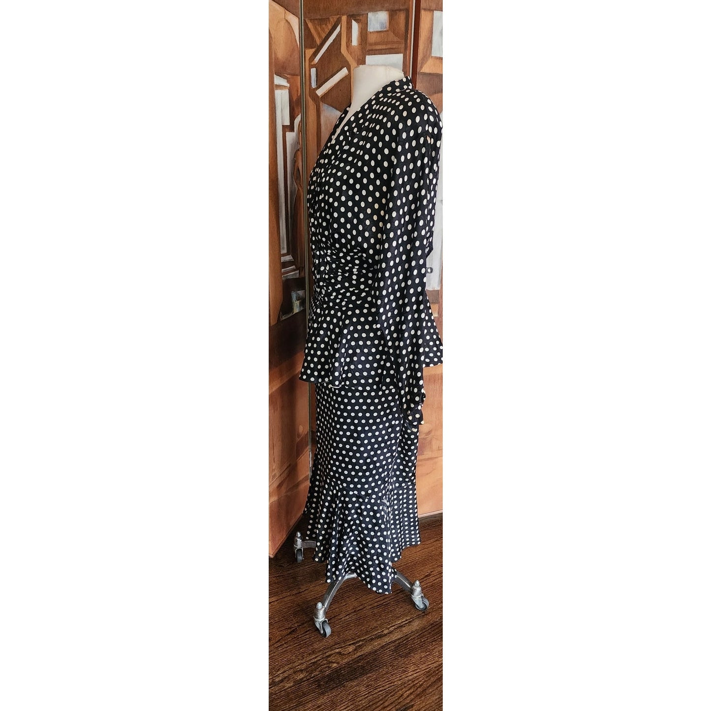 Vintage 80s Saint Romei Neiman Marcus Silk Polka Dot Peplum Jacket Fishtail Skirt Suit Set