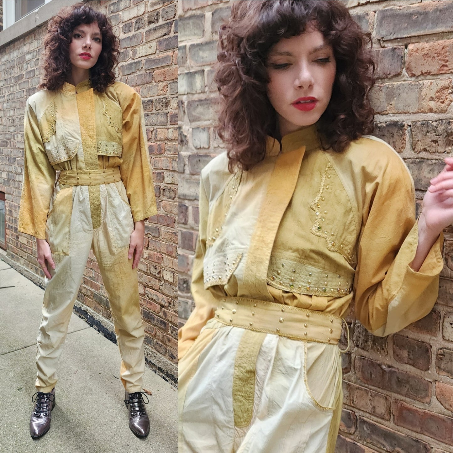 Vintage 80s Jumpsuit Yellow Gold Ombre w/Embroidered Studs Varda Garfinkel