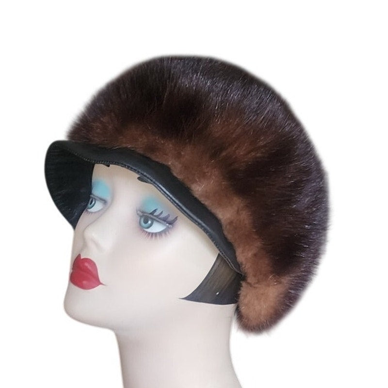 Vintage 1960s Mod Hat Brown Mink Fur Tam Marshall Field Co Chicago Winter Statement