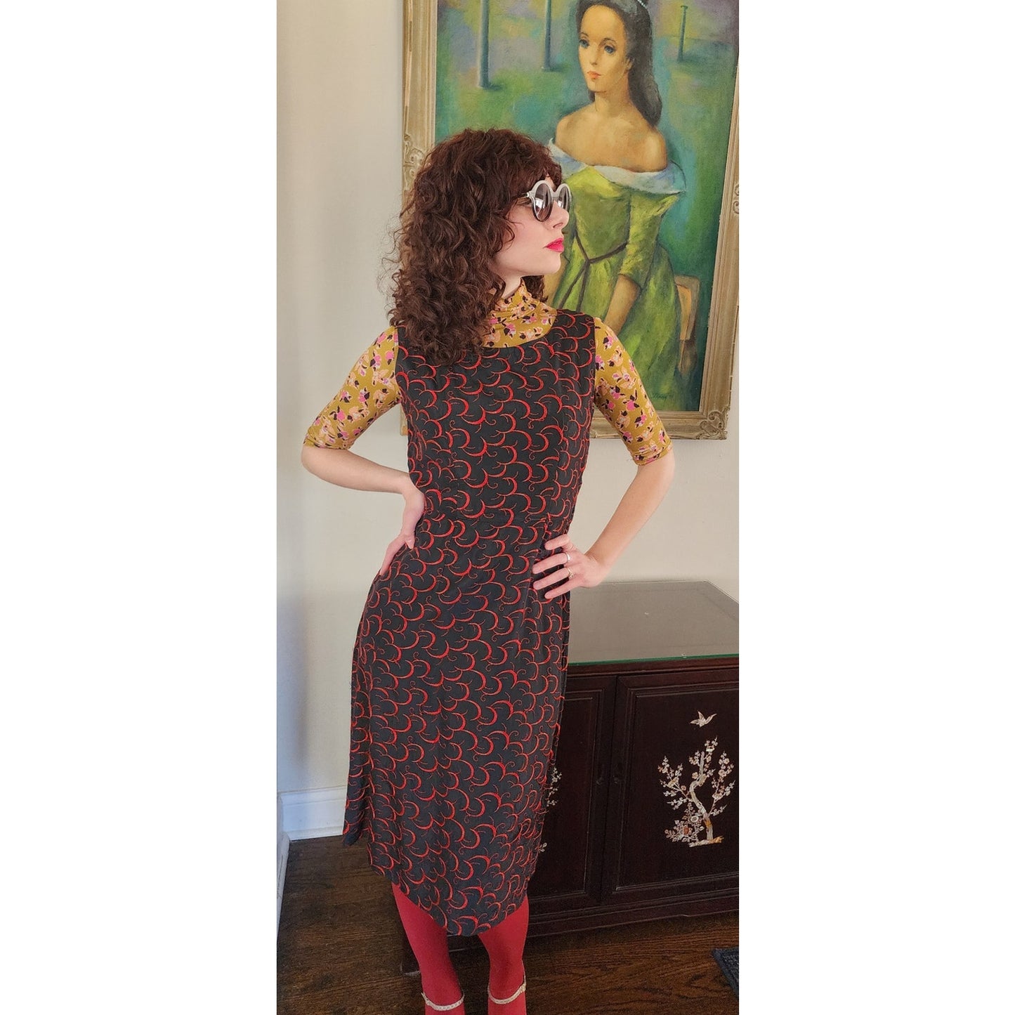 Vintage 1960s Embroidered Dress Red on Black Crescent Moon / Medium