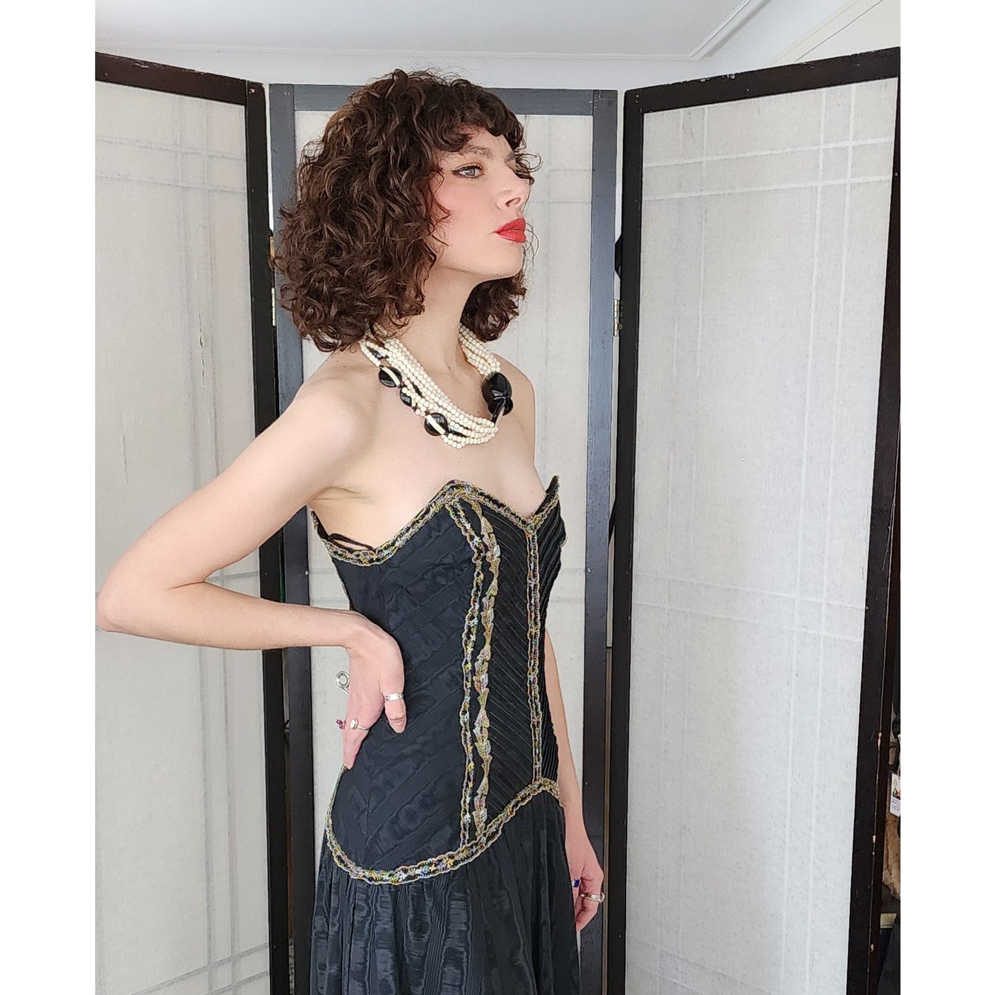 Vintage Strapless Evening Dress Black Gold Brocade Lace Trim