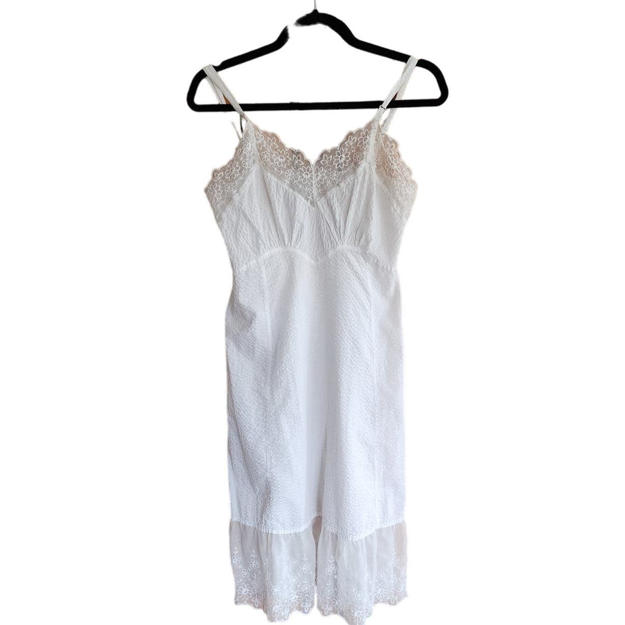 Vintage 50s White Slip Spaghetti Strap Seersucker Cotton + Lace