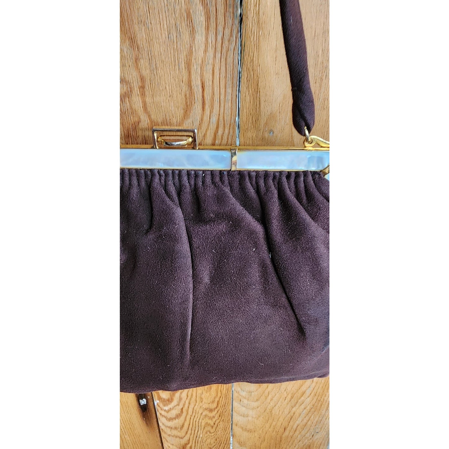Vintage 1940s Brown Bag Brushed Suede Mother of Pearl Buechner