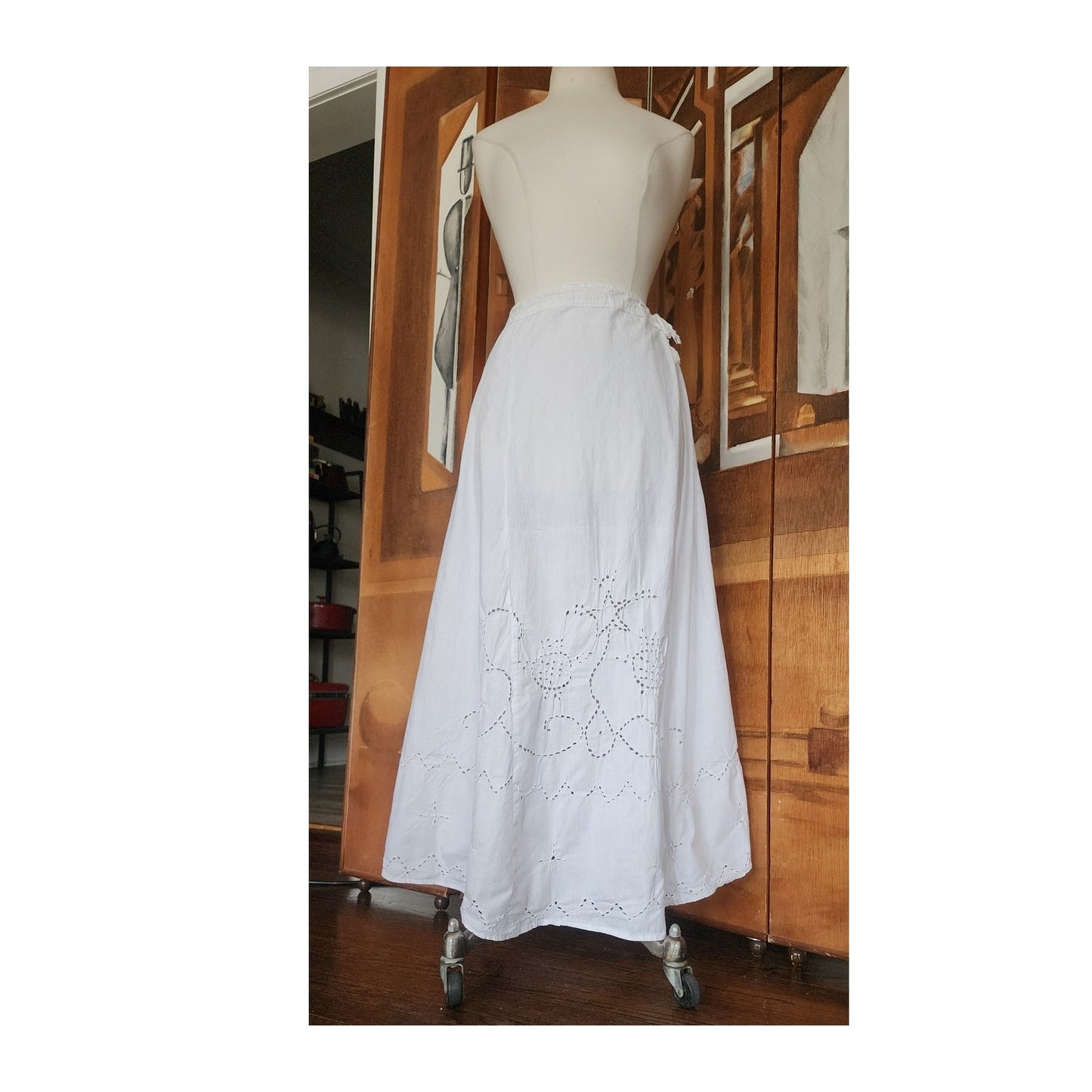 Antique Edwardian Embroidered Petticoat Skirt Underskirt White Cotton Drawstring Waist L