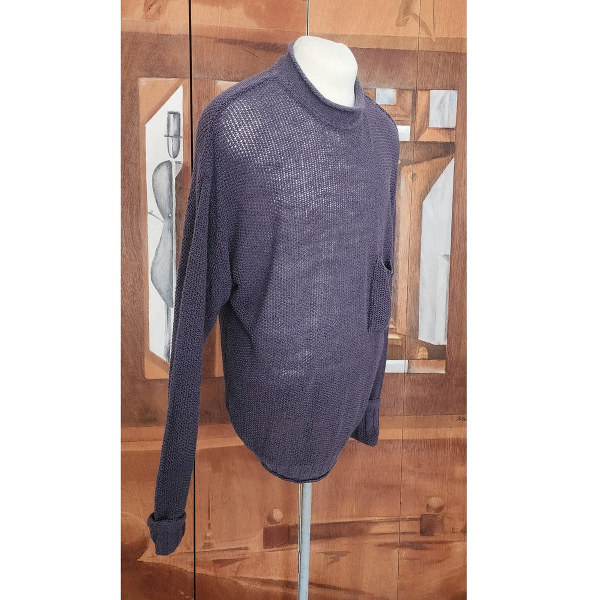 Vintage 1990s Rykiel Homme Mens Sweater Purple Sheer Mesh Open Weave Mock Neck Knit Oversized