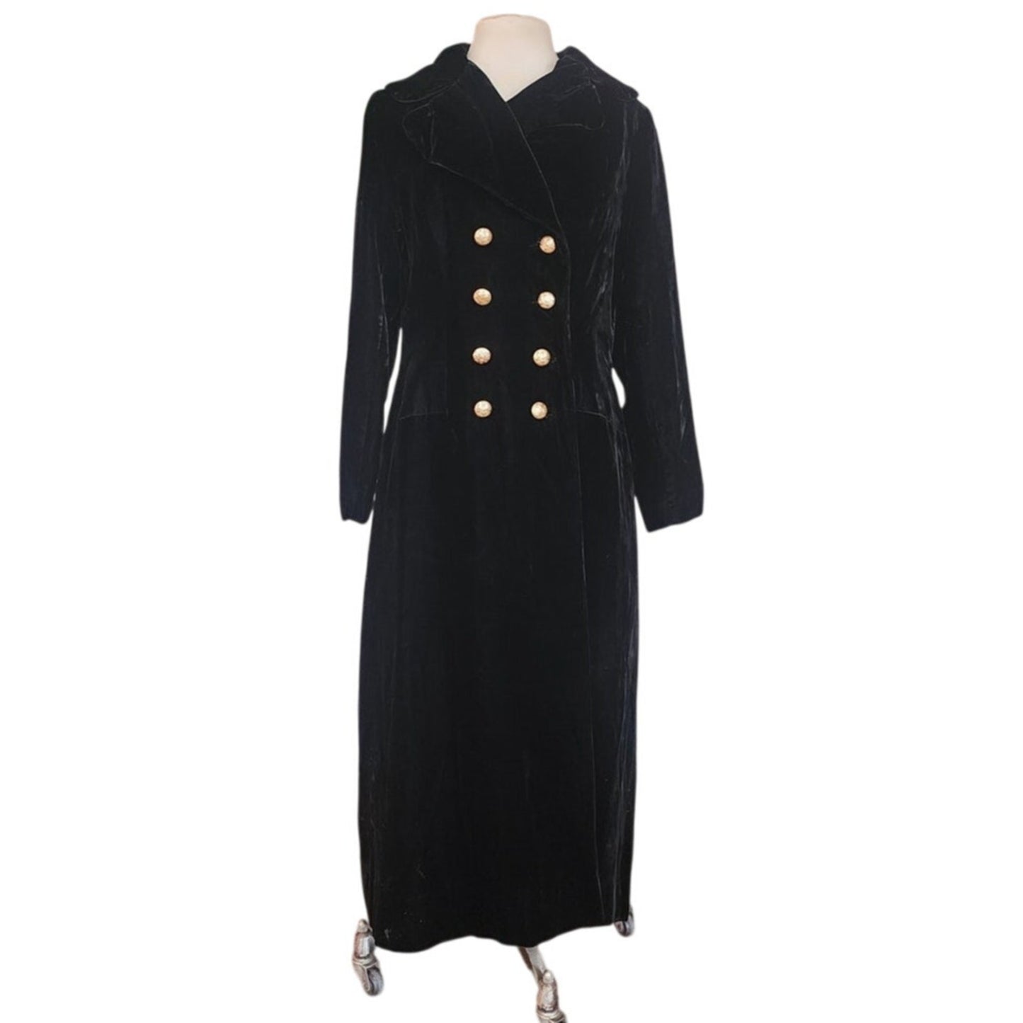 Vintage 1960s Black Velvet Opera Coat Double Breasted Gold Buttons