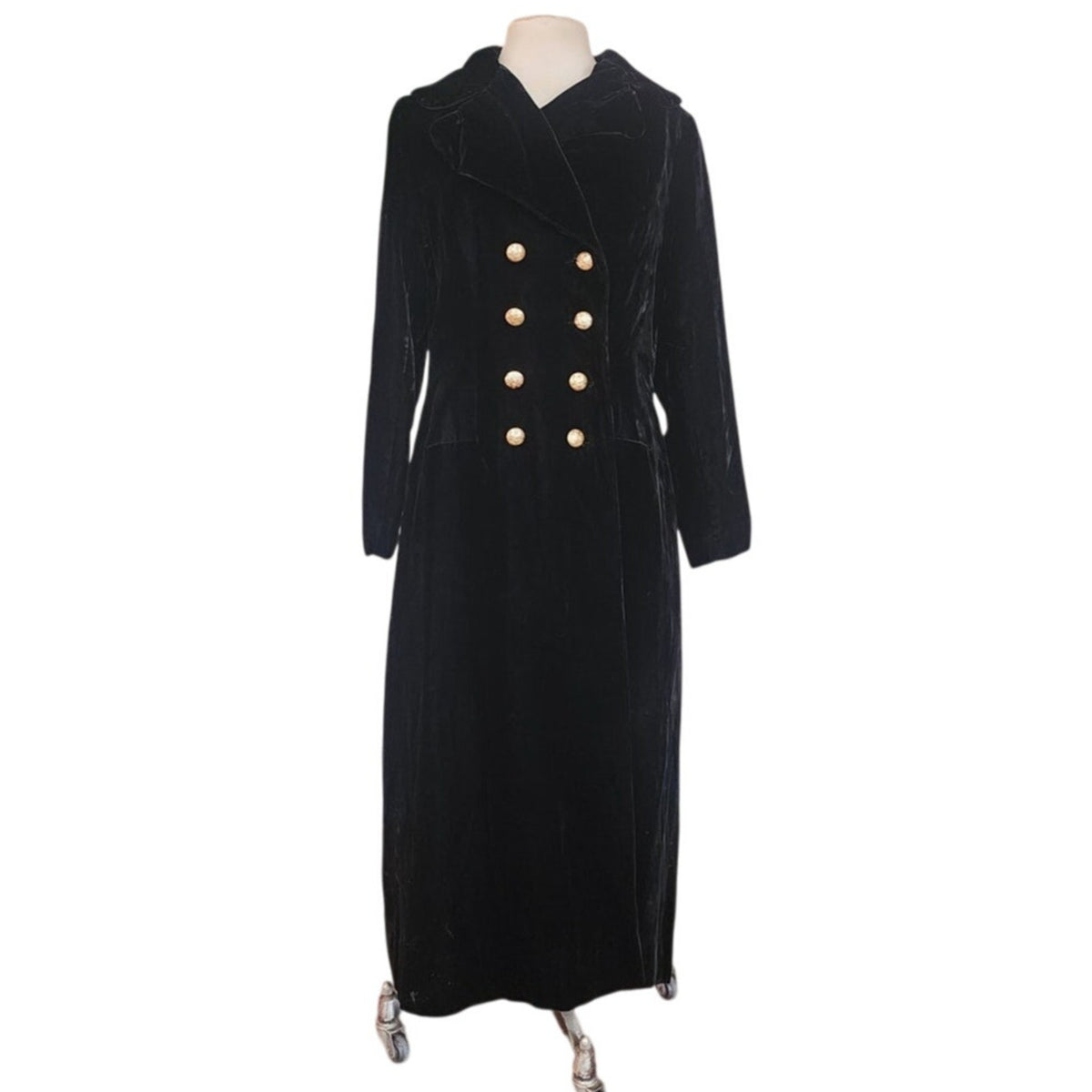 Vintage 1960s Black Velvet Opera Coat Double Breasted Gold Buttons
