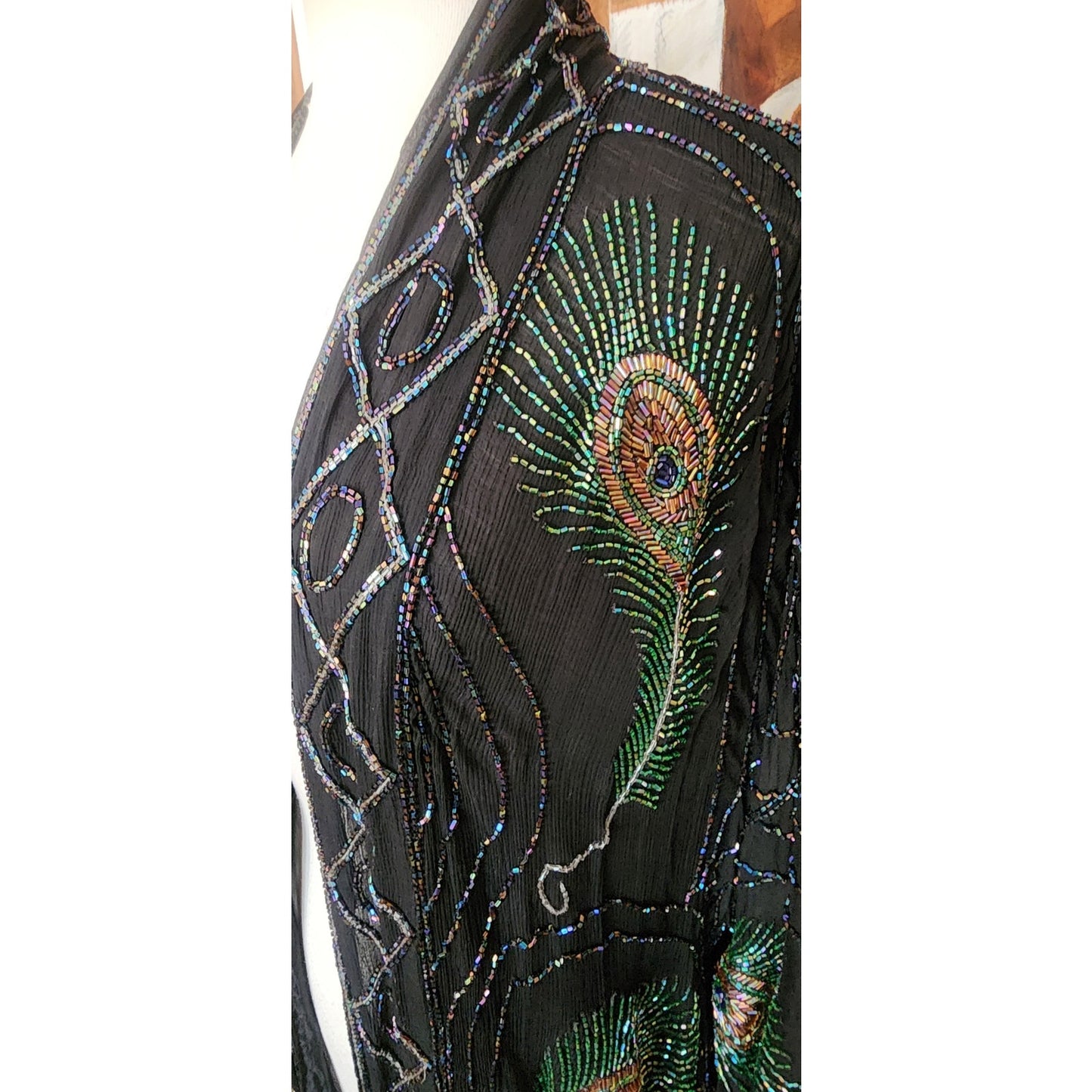 Vintage 1990s Evening Kimono Jacket Shimmering Peacock Feathers Beaded Black Duster Boho Chic Art Nouveau Deco