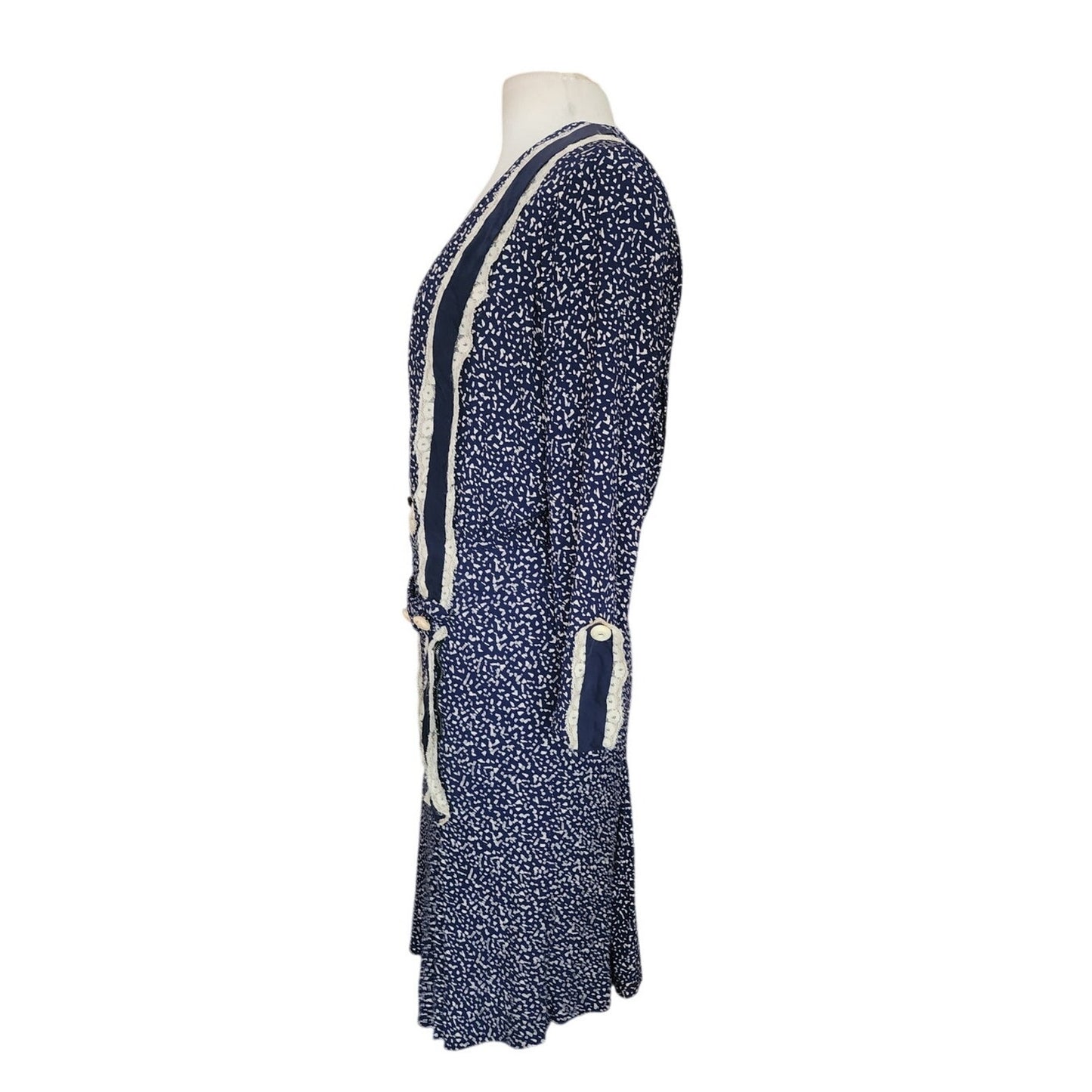 Vintage 1920s Day Dress Silk Print Navy Blue Polkadot Micro Dot Long Sleeves / S